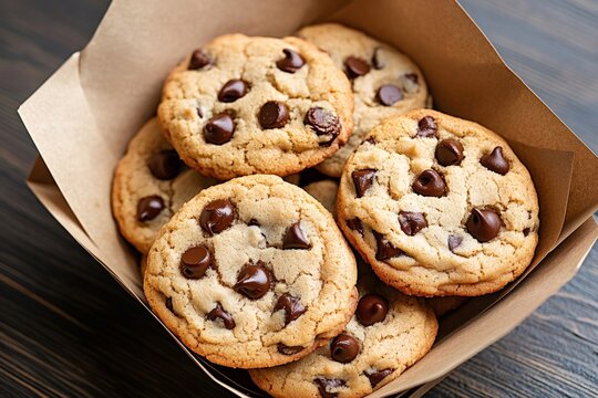Freshly baked chocolate chip cookies stacked in paper box on dark wooden table