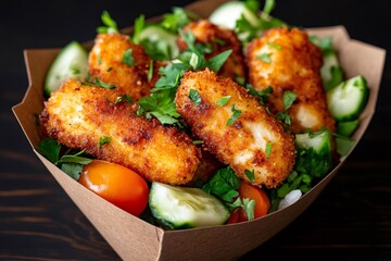 Fototapeta premium Crispy fried mozzarella sticks served with fresh salad in a takeaway box
