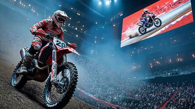 Extreme motocross rider showcases thrilling stunts and excitement packed arena, electrifying crowd with high energy performance.