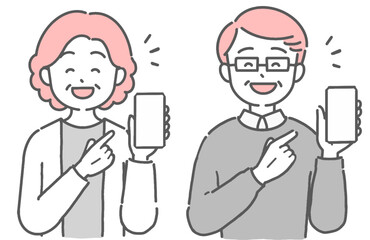 スマホを持って笑顔のシニア男女のイラスト
