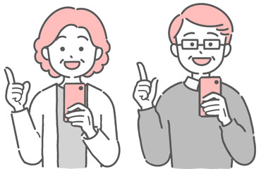 スマホを操作して指差しするシニア男女のイラスト
