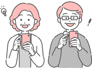 スマホを操作して笑顔のシニア男女のイラスト
