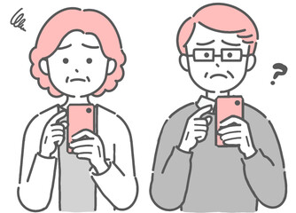 スマホを操作して不安なシニアの男女のイラスト
