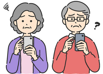 スマホを操作して不安なシニアの男女のイラスト
