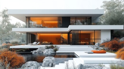 Modern minimalist house with pool and autumnal landscaping.