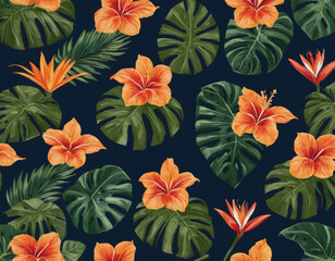 A bold, modern botanical design with vibrant tropical flowers and lush green leaves on a deep navy background, creating an elegant and luxurious feel.