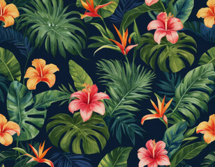 A bold, modern botanical design with vibrant tropical flowers and lush green leaves on a deep navy background, creating an elegant and luxurious feel.