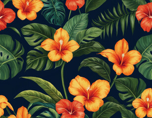 A bold, modern botanical design with vibrant tropical flowers and lush green leaves on a deep navy background, creating an elegant and luxurious feel.