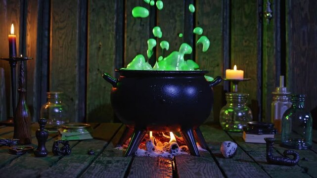 Bubbling cauldron with green potion and enchanting candlelit ambiance