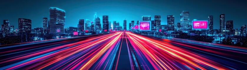 Fototapeta premium Dynamic city skyline at night with vibrant light trails on the highway.