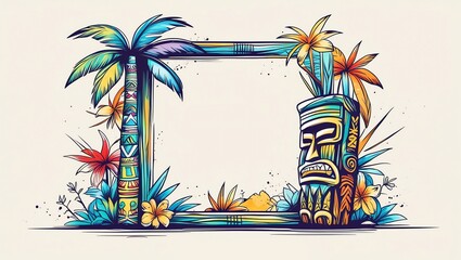 Vibrant Tropical Tiki Mask Frame: Summer Vacation Paradise