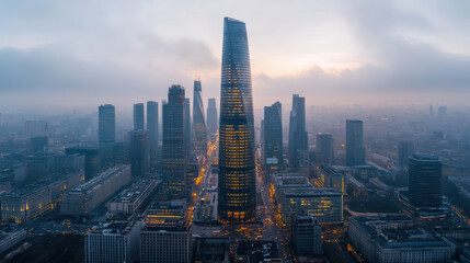 Obraz premium stunning aerial view of modern city skyline dusk, showcasing tall skyscrapers and glowing lights