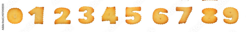 Fototapete a complete set of crispy numbers cookies arranged in rows on a white background. ideal for education