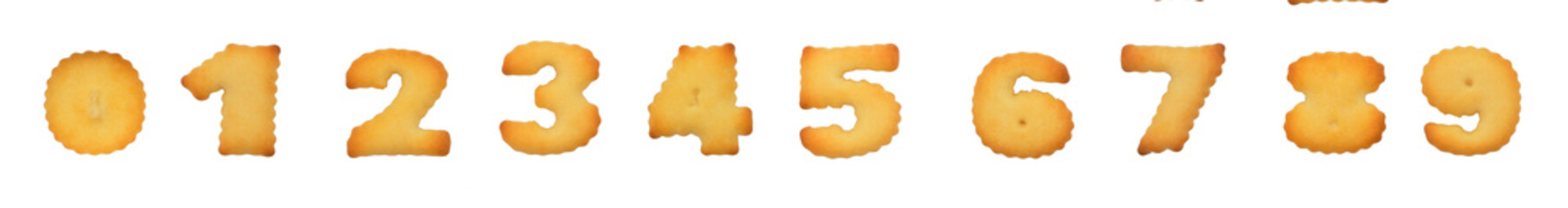 A complete set of crispy numbers cookies arranged in rows on a white background. Ideal for educational materials, food-related designs, or creative typography projects.