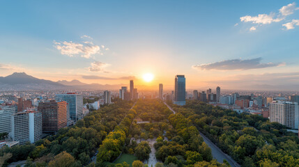 Obraz premium stunning sunset over vibrant city skyline, showcasing lush greenery and modern architecture