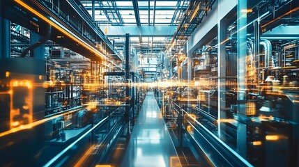 A large industrial building with many pipes and wires. The image is a representation of a futuristic industrial setting