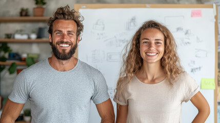 Fototapeta premium Creative team smiling in modern workspace with whiteboard behind them
