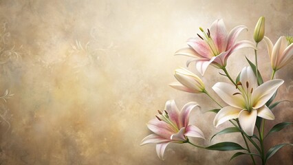 Elegant Lilies on a Textured Background, a Floral Still Life Featuring Delicate Blooms and Subtle Vintage Design Elements