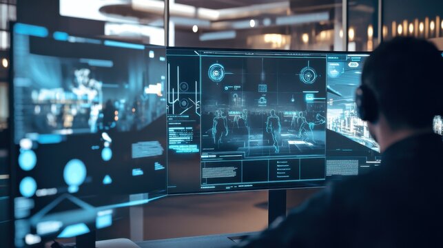 AI developer designing reinforcement learning models for video game AI, office with AI software and game simulation data, Gaming AI style