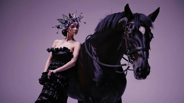 Elegant woman with elaborate headpiece posing gracefully beside majestic black horse in studio