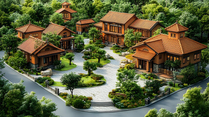 Aerial view residential complex tranquil homes green landscape