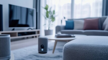 AI developer designing voice recognition systems for smart home devices, living room with AI software and smart appliances, Smart Home AI style
