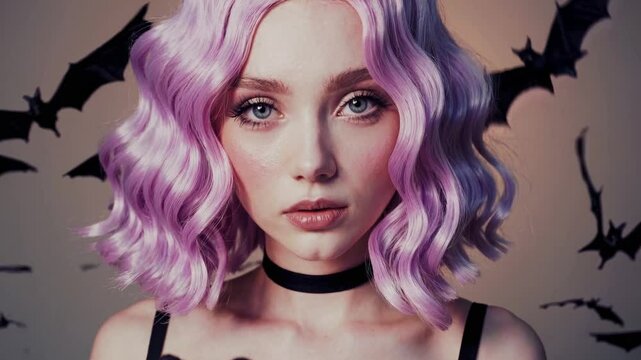 Enchanting woman with purple hair amidst flying bats in atmospheric setting