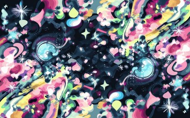 Colorful abstract design featuring swirling patterns, stars, hearts, and vibrant hues against a dark background.