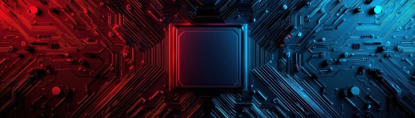 Futuristic circuit board with vibrant red and blue colors emphasizing digital innovation.