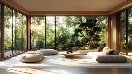 Modern minimalist living room with floor seating, large windows overlooking a serene Japanese garden.