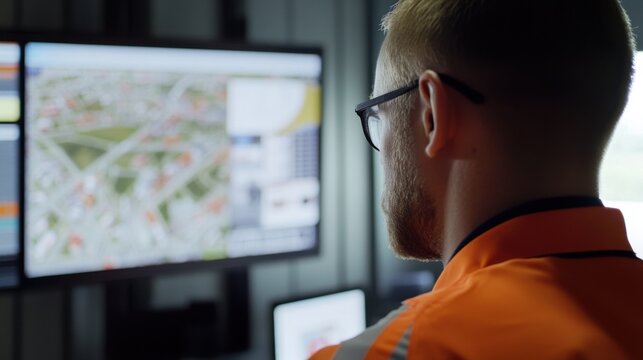 AI driven logistics engineer optimizing delivery routes using machine learning, high-tech logistics center with real-time shipment tracking and AI route optimization, Tech style