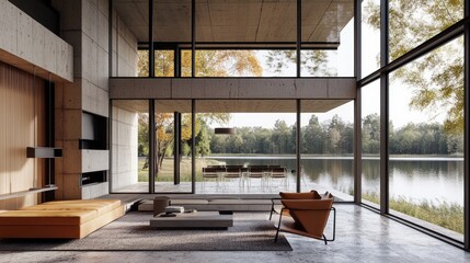 Modern minimalist living room with lake view, concrete walls, large windows, wooden accents, and comfortable furniture.