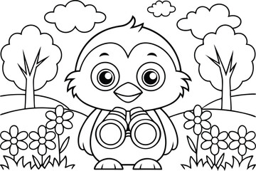 Line Art Cartoon Chick with Binoculars in Nature for Coloring Book Pages