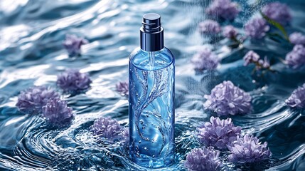 Blue Cosmetic Bottle Surrounded by Water and Flower Petals
