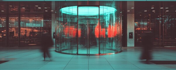 Futuristic glass entrance with vibrant colors and blurred motion of people walking.
