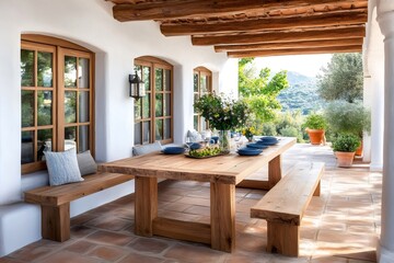 Wooden table and benches illuminating terrace of mediterranean house