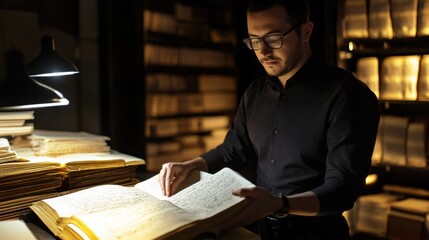 AI engineer developing AI powered handwriting recognition systems for historical document digitization, archive room with AI software analyzing ancient manuscripts, Historical AI style