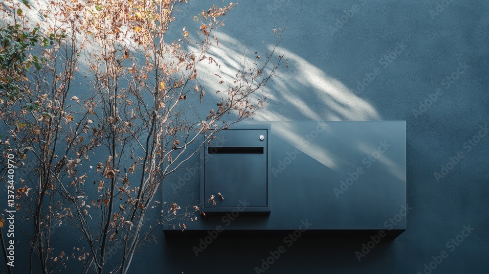 Poster Modern minimalist mailbox mounted on a dark blue wall, partially obscured by a leafless tree branch in dappled sunlight.