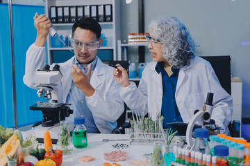 Team Asian scientists in a lab conducting food research using a microscope and lab equipment,...