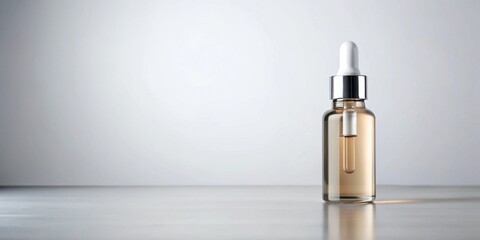 Elegant amber glass bottle with a dropper, minimalist product presentation on a neutral surface