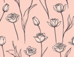 A minimalist line-art floral pattern showcasing delicate roses and tulips, drawn in fine black ink on a soft pastel pink background, perfect for elegant fabric or wallpaper