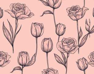 A minimalist line-art floral pattern showcasing delicate roses and tulips, drawn in fine black ink on a soft pastel pink background, perfect for elegant fabric or wallpaper