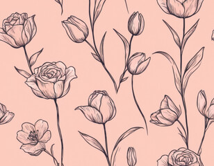 A minimalist line-art floral pattern showcasing delicate roses and tulips, drawn in fine black ink on a soft pastel pink background, perfect for elegant fabric or wallpaper