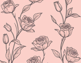 A minimalist line-art floral pattern showcasing delicate roses and tulips, drawn in fine black ink on a soft pastel pink background, perfect for elegant fabric or wallpaper