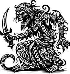 sketch vector illustration silhouette design icon logo symbol monochrome black white devil ghost zombie killer with scary aura  