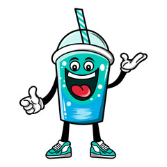 Cartoon Blue Drink Cup Character – Happy Slush Beverage with Straw, Sneakers, and Expressive Face – Fun Vector Illustration for Kids’ Menus, Drink Brands, Summer Promotions, and Animated Mascot Design