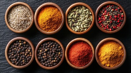 Vibrant spices burst from wooden bowls on a sleek black surface. A colorful, aromatic display