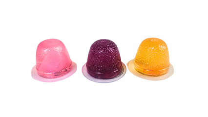 Fruit-flavored jelly snacks in small plastic cup packaging feature a chewy texture and tempting...