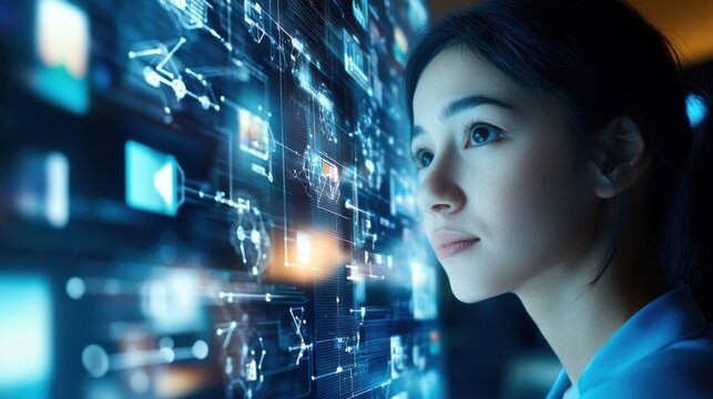 AI researcher creating AI driven recommendation systems for media platforms, office with AI models and digital content interfaces, Media Tech style