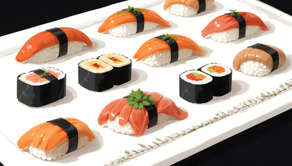Variety of sushi and sashimi of Japanese cuisine background . Cute design of Onigiri, Sashimi, and sushi from Japan food. 